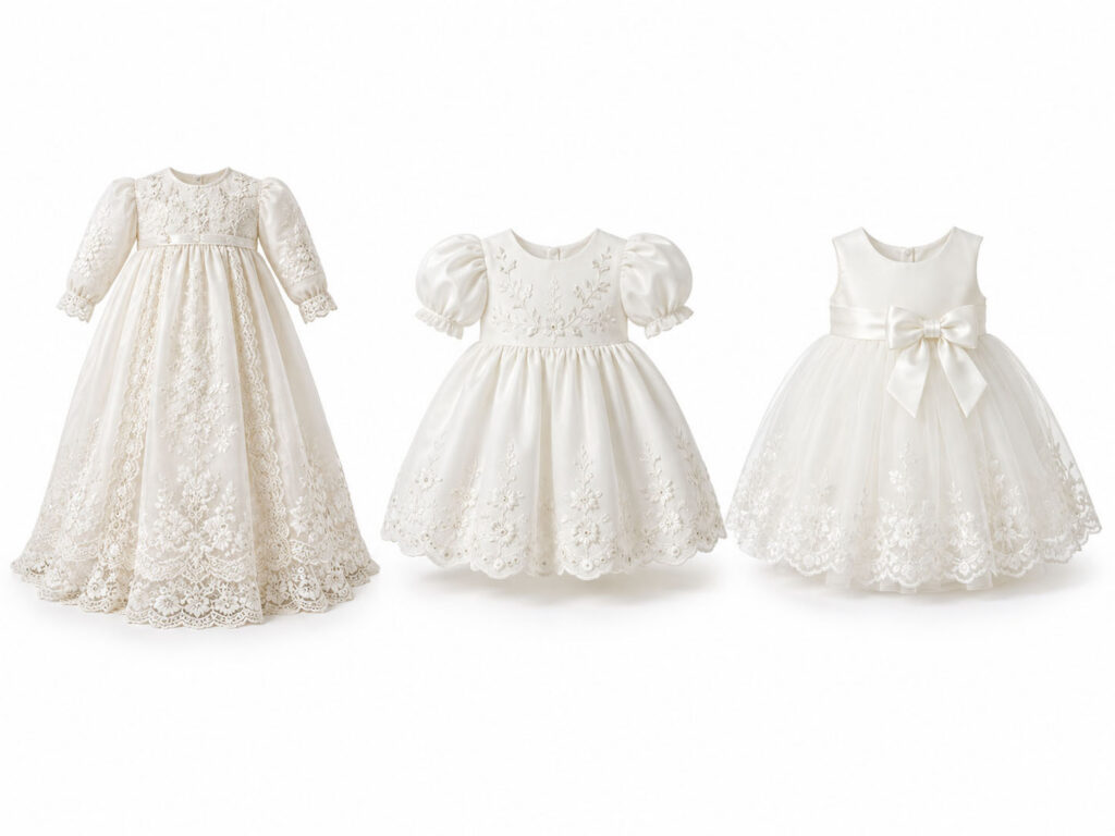 Three white baby christening and baptism dresses with lace details