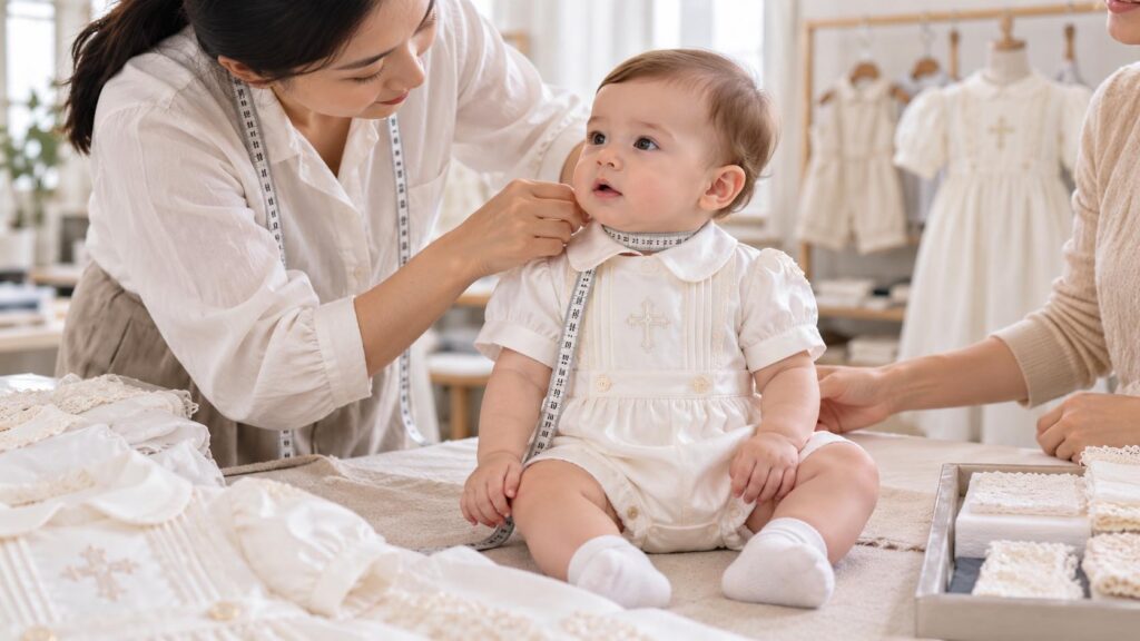 Garment specialist checking the neckline and fit of a baby boy christening outfit sample