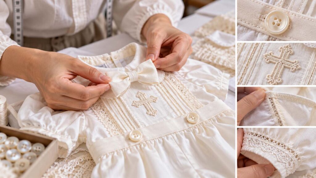 Close-up inspection of securely sewn buttons and decorative trims on a baby christening outfit