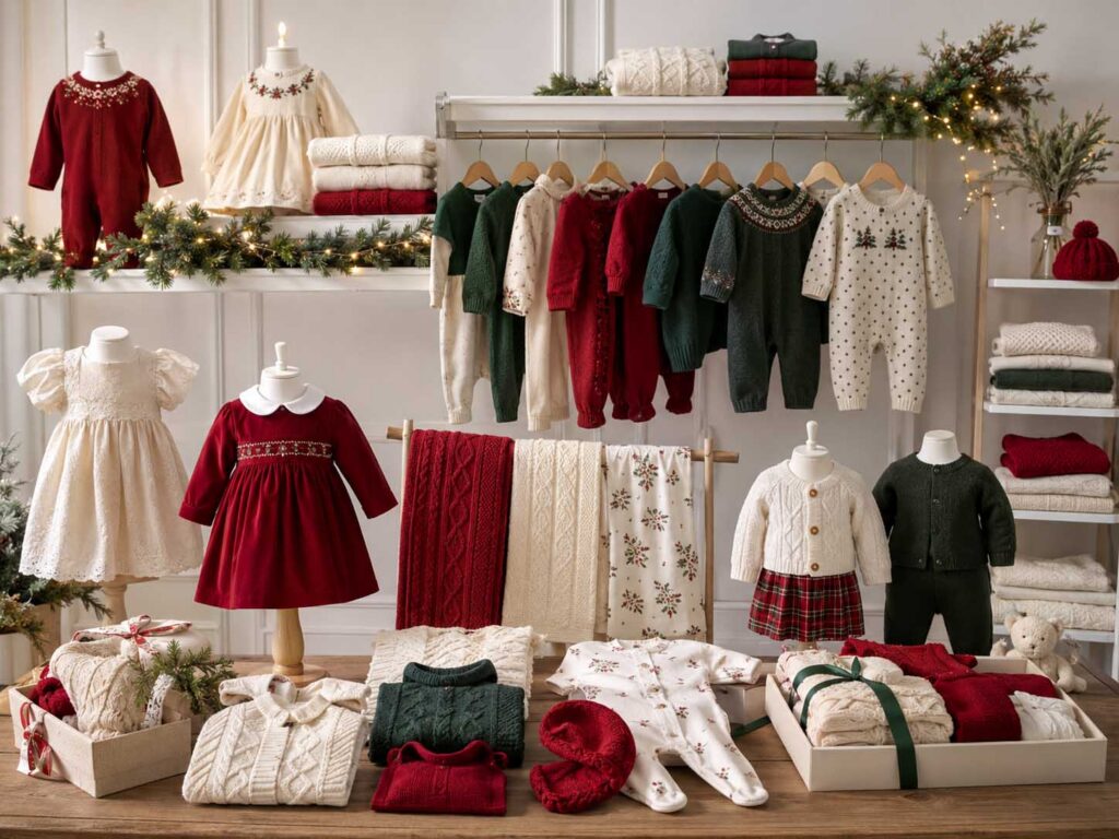 Baby Christmas rompers, dresses, knitwear, pajamas and gift sets displayed in a premium seasonal showroom.