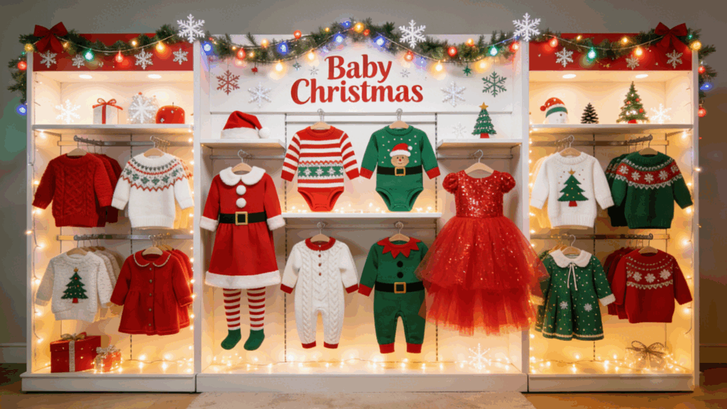 Flat-lay display of baby Christmas outfits including rompers, Christmas dresses, knitwear sets, and holiday gift sets.