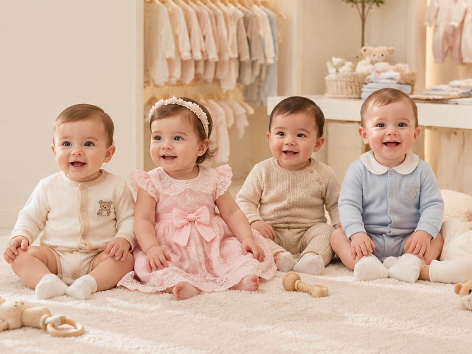 Baby clothing collection featuring rompers, baby dresses, bodysuits and two-piece outfits displayed in a professional kidswear showroom