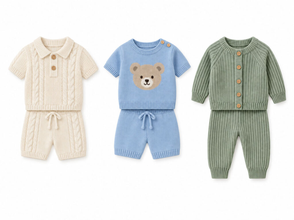 Two baby knitted short sets and one long-sleeve knitwear set