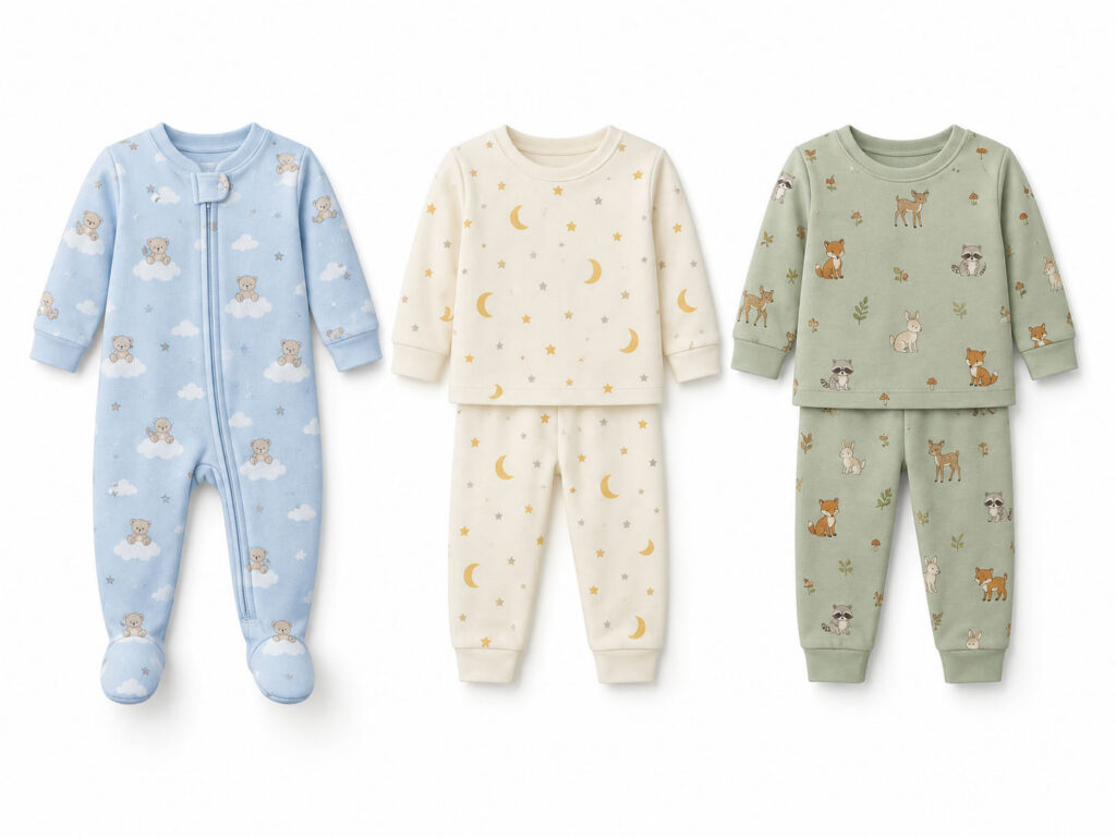 Three cotton baby pajamas and sleepsuits with playful prints
