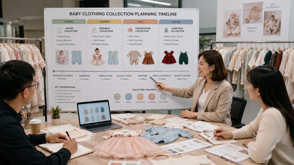 Retail buyer planning baby photoshoot outfit collections and production schedules