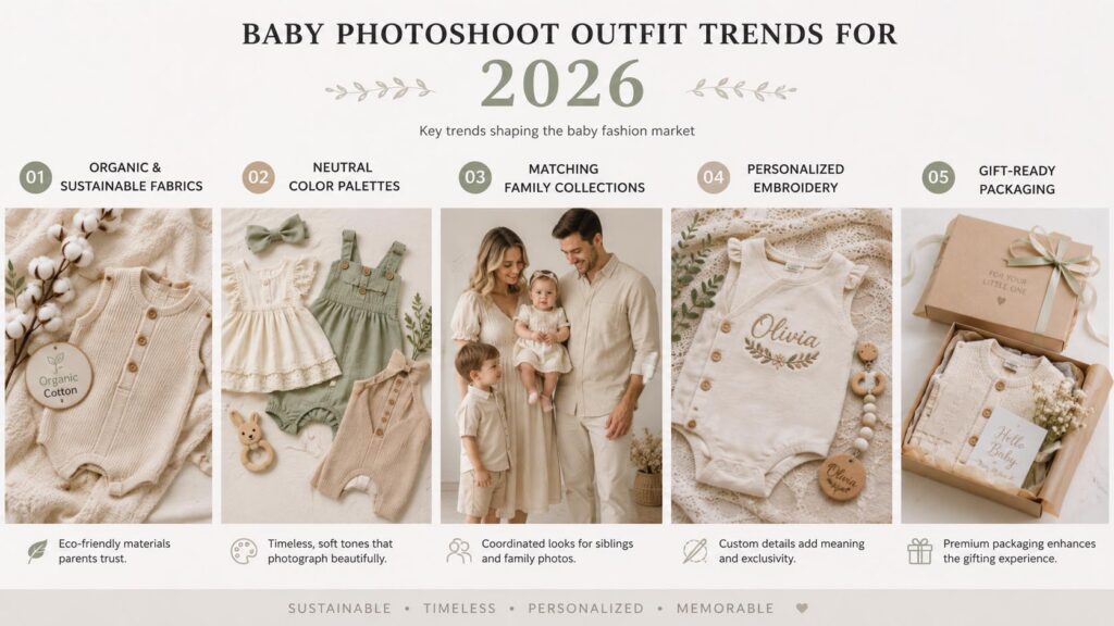 Baby photoshoot outfit trends for 2026 including organic fabrics neutral color palettes matching family collections personalized embroidery and gift-ready packaging