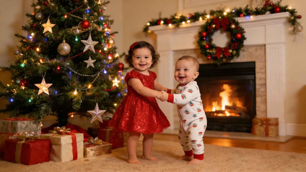 Baby wearing a Christmas outfit during holiday family celebrations, highlighting the importance of Baby Christmas outfits for first-Christmas memories.