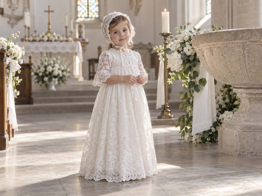 Delicate white baptism gowns with matching ceremonial accessories.