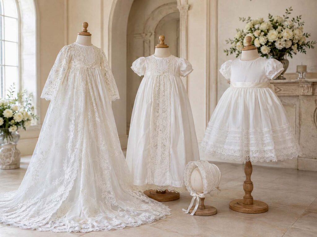 Traditional infant Baptism gowns and toddler ceremony dresses displayed with a matching lace bonnet.