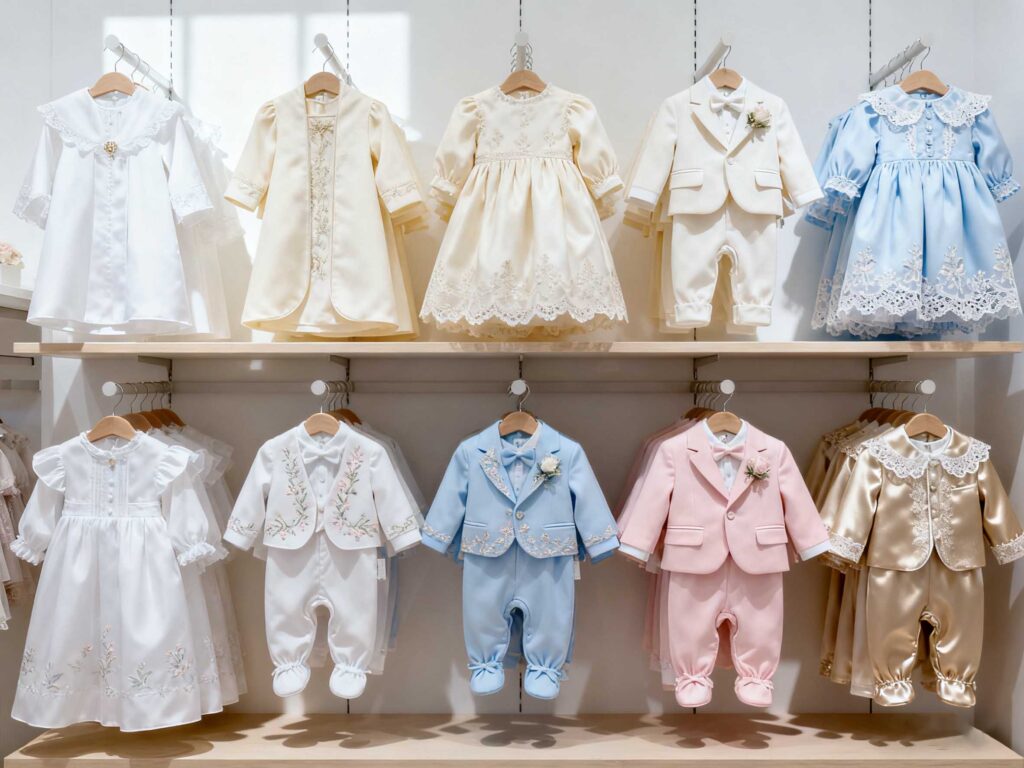 Display of baptism outfits in ivory, cream, pastel blue, pastel pink, and champagne tones on a clothing rack