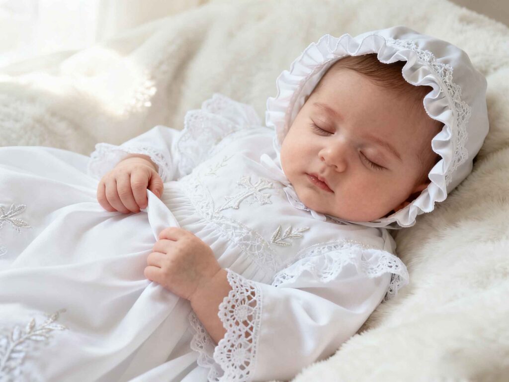 Sleeping baby wearing a white lace baptism dress and bonnet