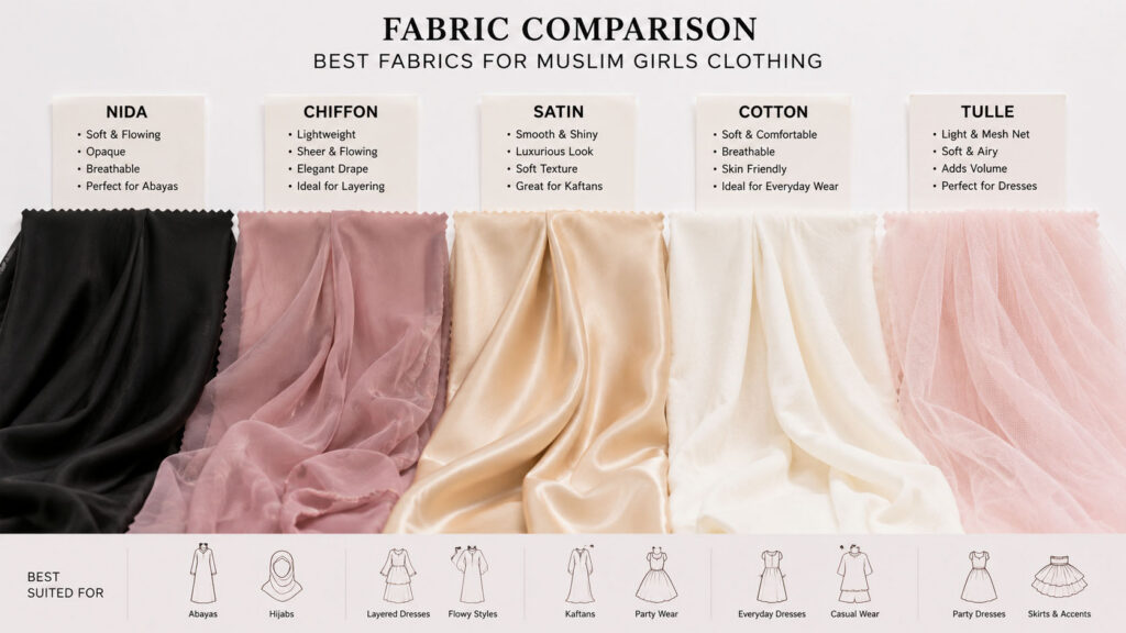 nida chiffon satin cotton and tulle fabrics used for muslim girls dresses abayas and kaftans
