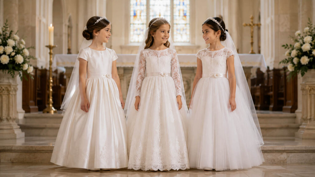 White First Communion dresses made with satin, lace and soft tulle