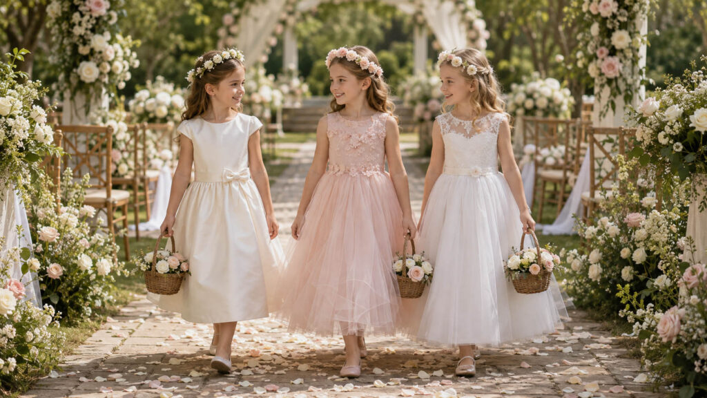 Flower girl dresses in satin, tulle and lace for different wedding styles