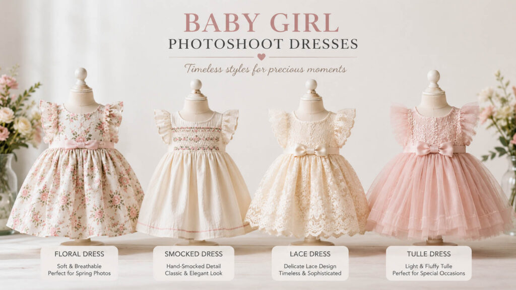 Baby girl photoshoot dresses including floral smocked lace and tulle styles