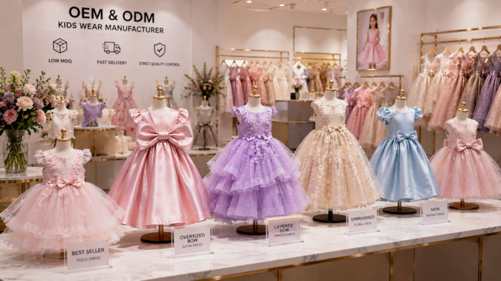 Best-selling girls birthday dresses including tulle dresses, bow dresses and satin dresses displayed in a childrenswear showroom.