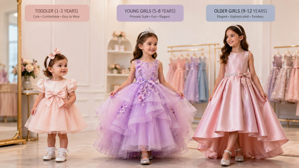 Birthday dresses for toddlers, young girls and older girls showing age appropriate styles and designs.