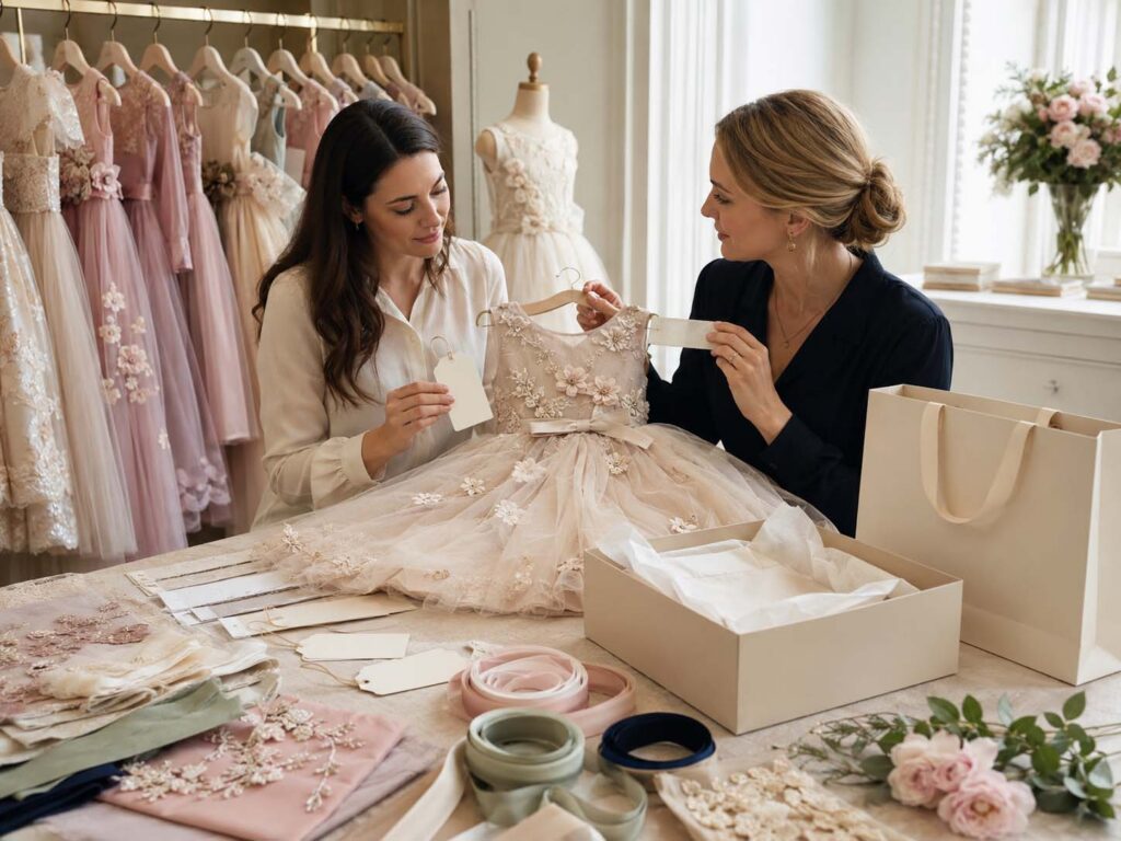 Boutique owner and private-label specialist reviewing an exclusive girls’ dress with custom hangtags, labels and premium packaging.