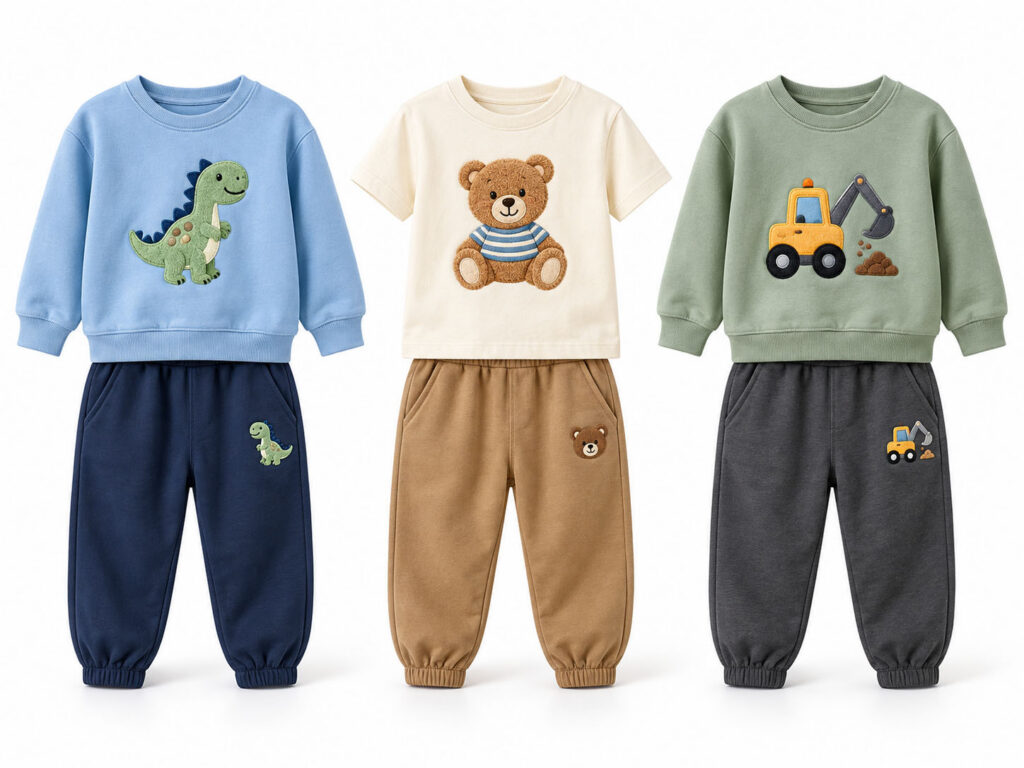 Boys’ casual clothing sets with dinosaur, bear and vehicle designs