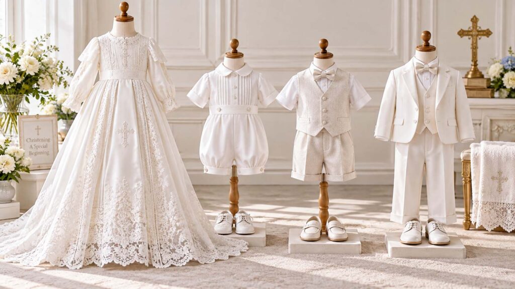 Traditional christening gown with boys baptism romper, waistcoat set and formal outfit