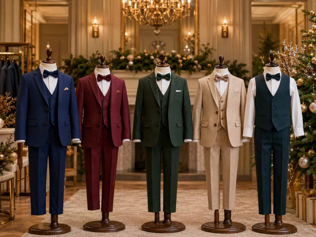 Boys’ Christmas suits and waistcoat sets in navy, burgundy, green and beige displayed in a festive showroom.