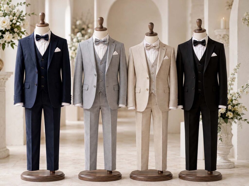Navy, grey, beige and black boys’ Communion suits displayed in two-piece and three-piece formal styles.