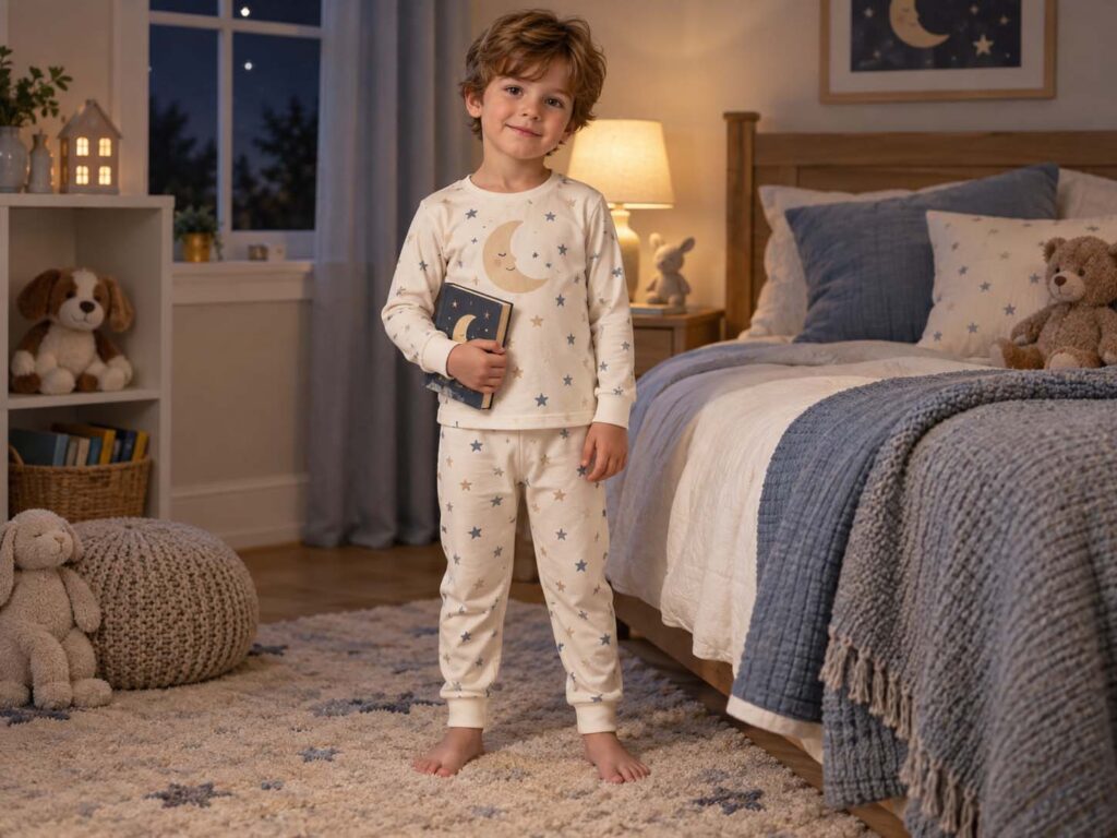 Boy wearing moon and star cotton pajamas in a cozy bedroom