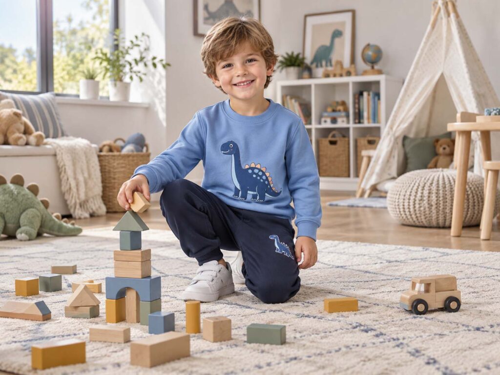 Boy wearing a dinosaur sweatshirt and jogger set in a playroom