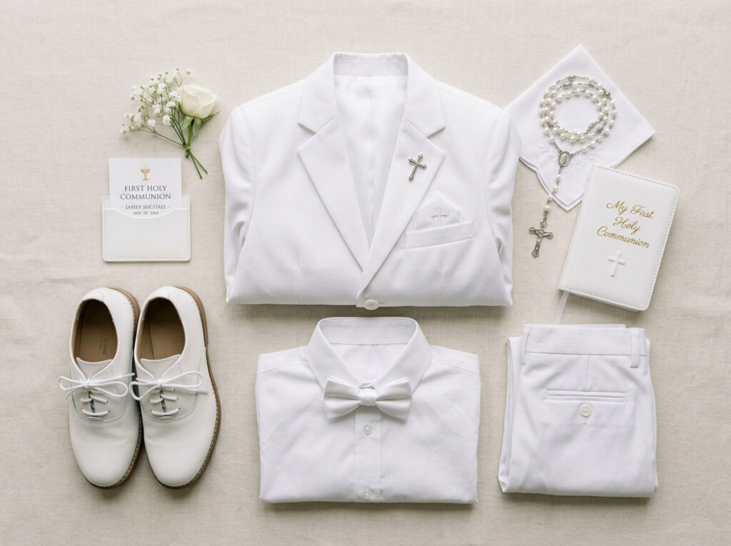 Boys First Communion outfit with suit shirt shoes and accessories