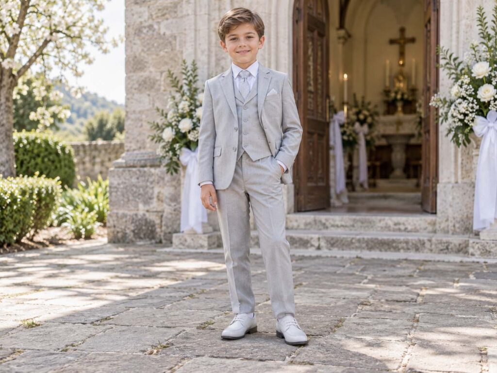 Boy wearing a light grey three-piece suit outside a church