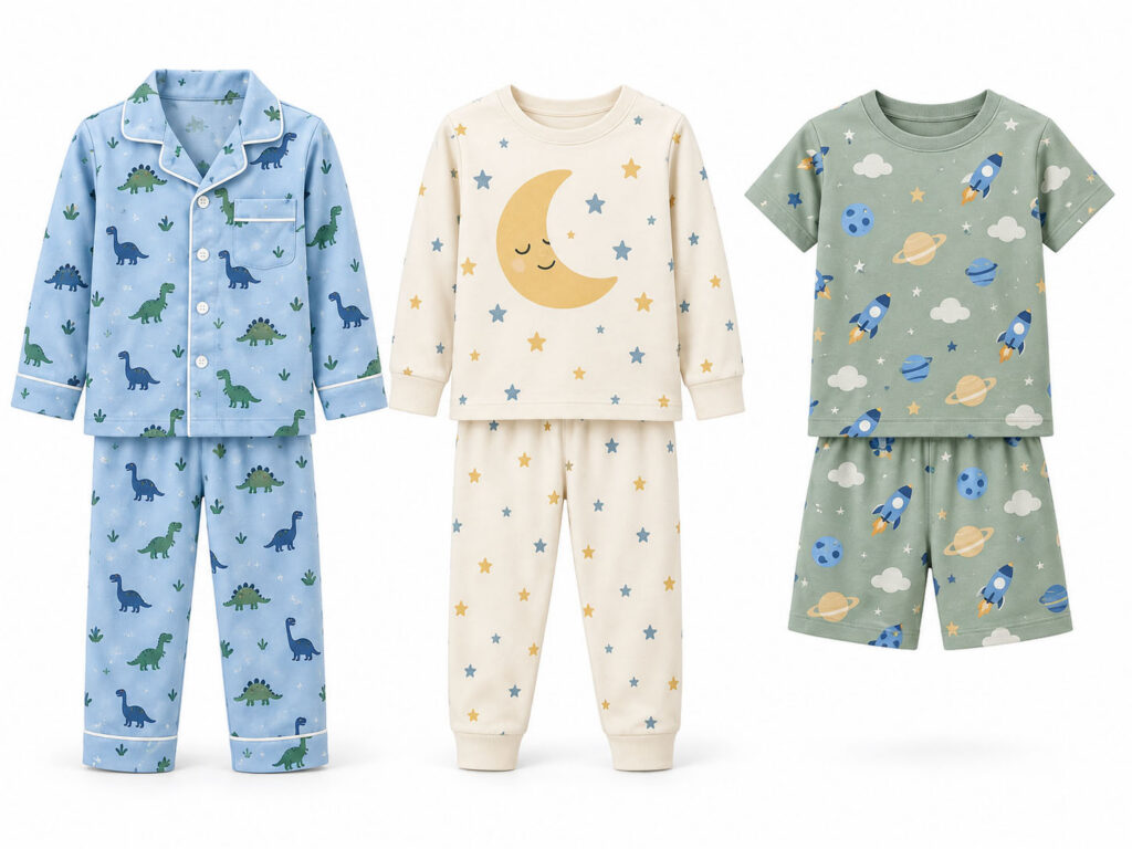 Boys’ cotton pajama sets with dinosaur, moon and space prints
