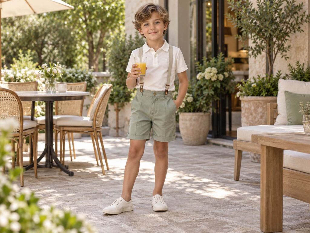 Boy wearing an ivory polo and sage shorts at a garden café