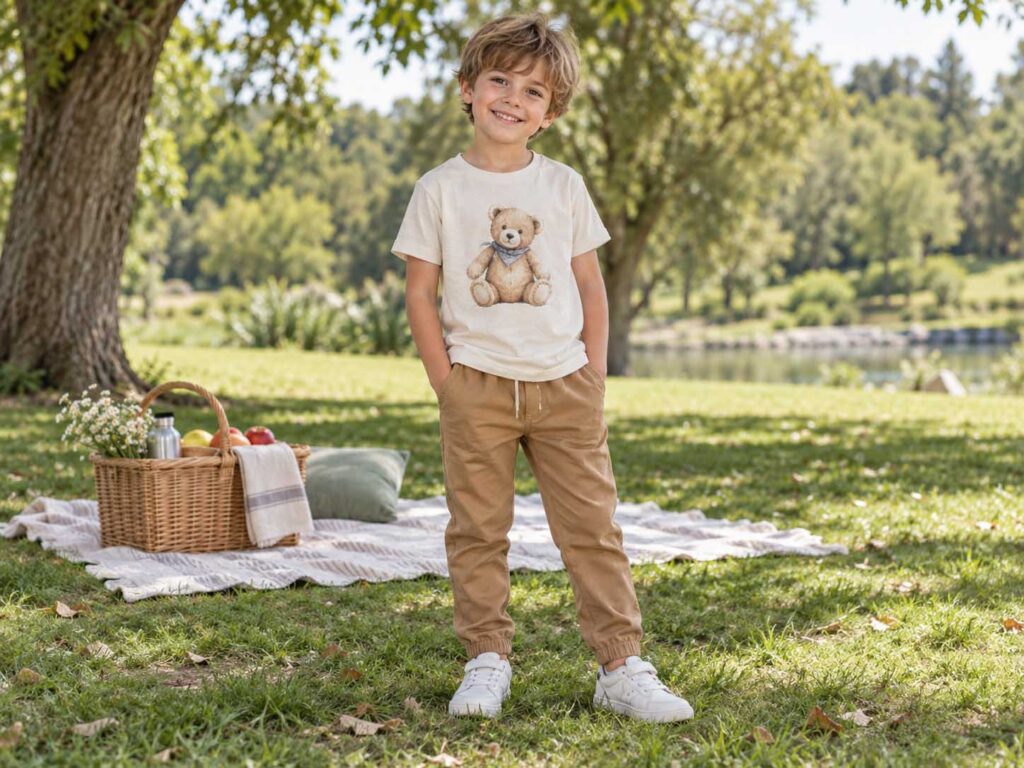 Boy wearing a bear print T-shirt and casual trousers at a park picnic