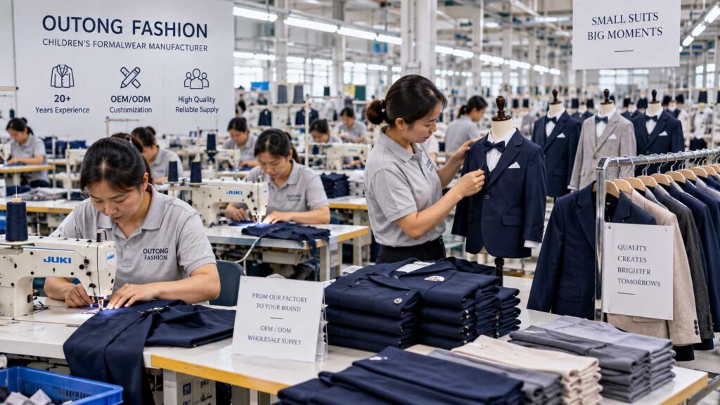 Children’s clothing factory producing boys’ ring bearer suits for wholesale buyers