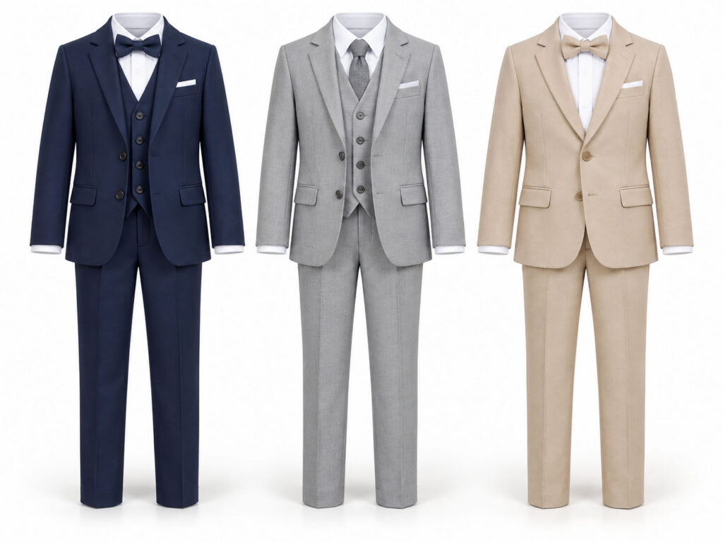 Navy, grey and beige boys’ suits for wholesale formalwear collections