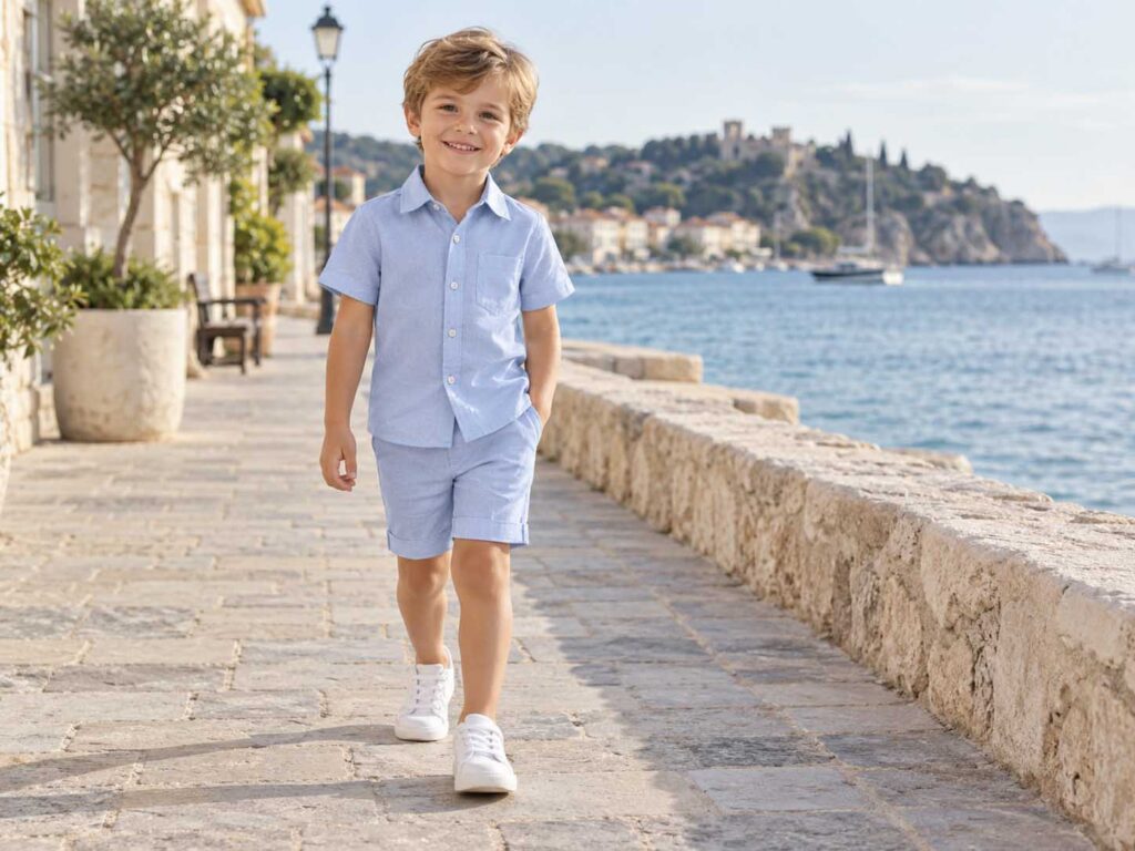 Boy wearing a blue shirt and matching shorts by the seaside