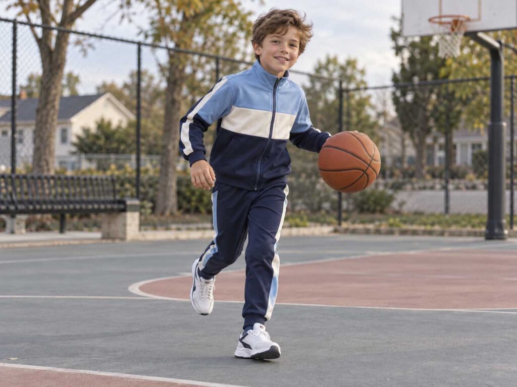 Boy wearing a blue color-block tracksuit on an outdoor basketball court