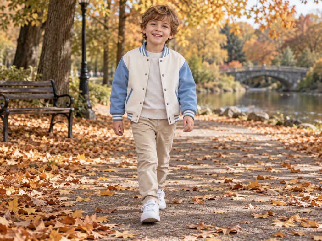 Boy wearing a blue and cream varsity jacket in an autumn park
