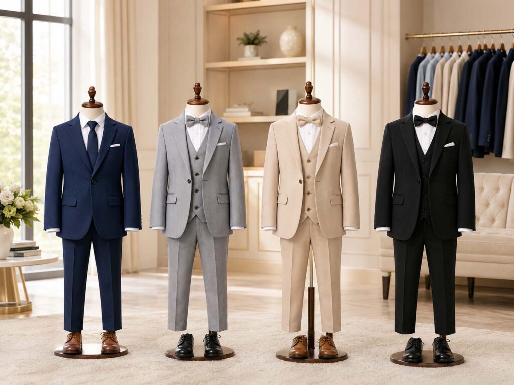 Child-size two-piece and three-piece wedding suits in navy, grey, beige and black displayed in a formalwear showroom.