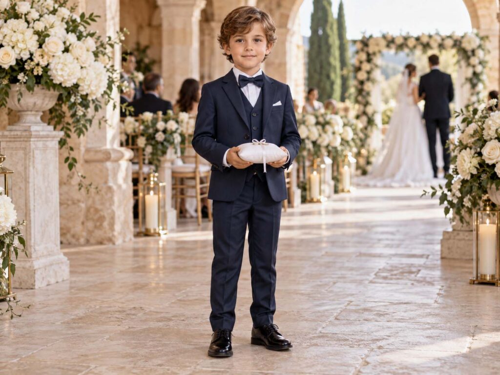 Boy wearing a navy three-piece suit at an elegant wedding venue