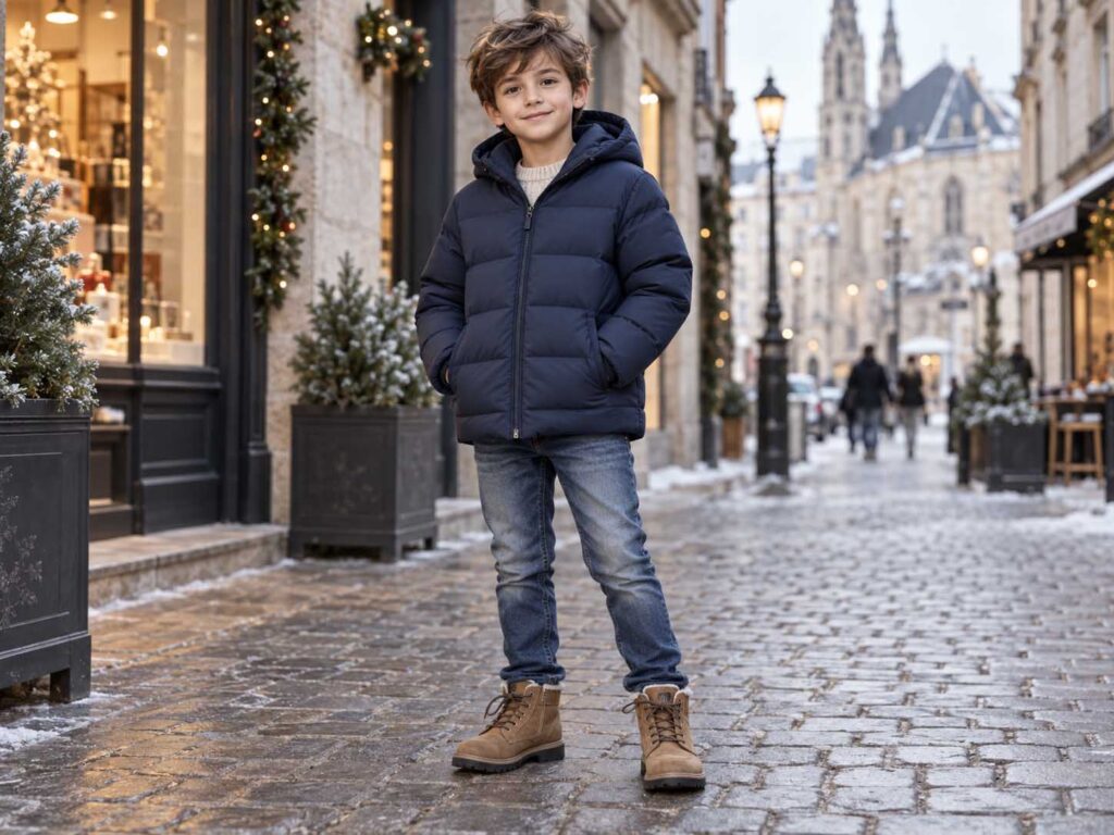 Boy wearing a navy puffer jacket on a European winter street