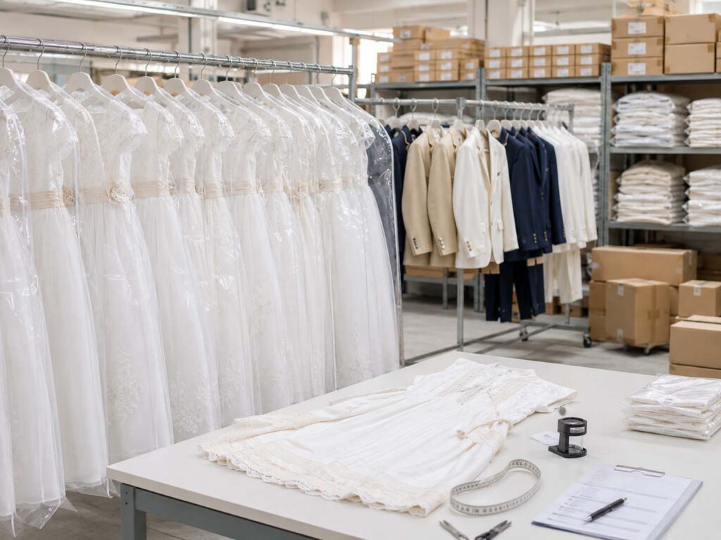 Ready-stock Communion dresses, boys’ suits and Baptism outfits prepared for inspection and wholesale production.