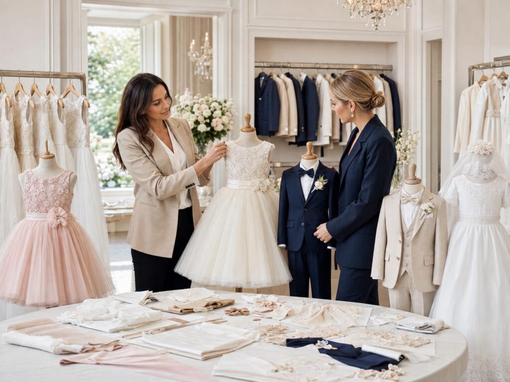 Formalwear brand buyer and product specialist reviewing flower girl dresses, ceremonial outfits and boys’ suits in a professional children’s showroom.