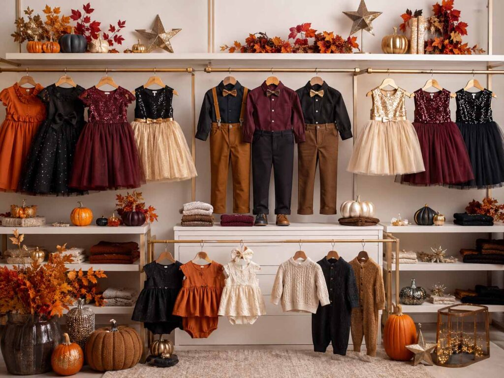 Seasonal children’s clothing for Halloween, Thanksgiving and New Year displayed in a premium holiday showroom.