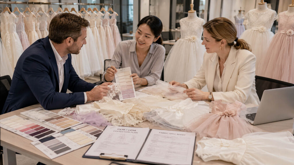 Wholesale buyer reviewing fabric swatches and girls' formal dress samples with a manufacturer