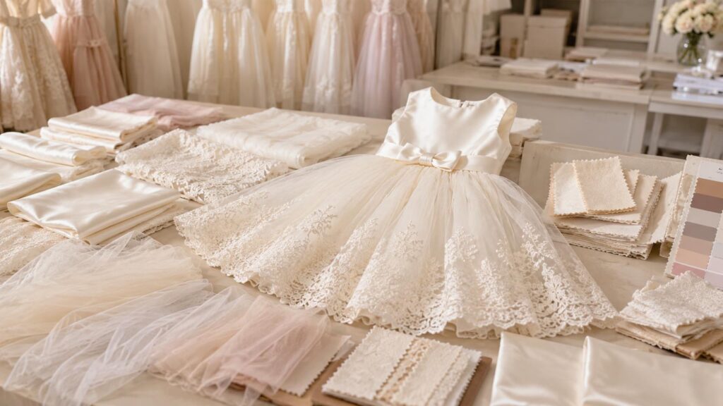 Finished Communion and flower girl dress with satin, tulle and lace fabric samples