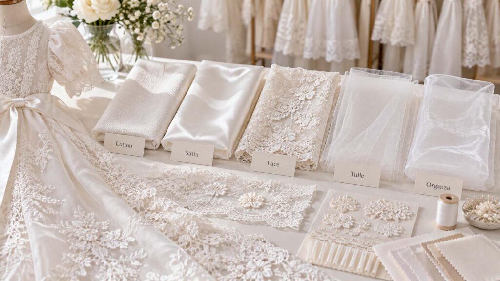 Cotton, satin, lace, tulle and organza fabrics used for christening gowns and baptism dresses