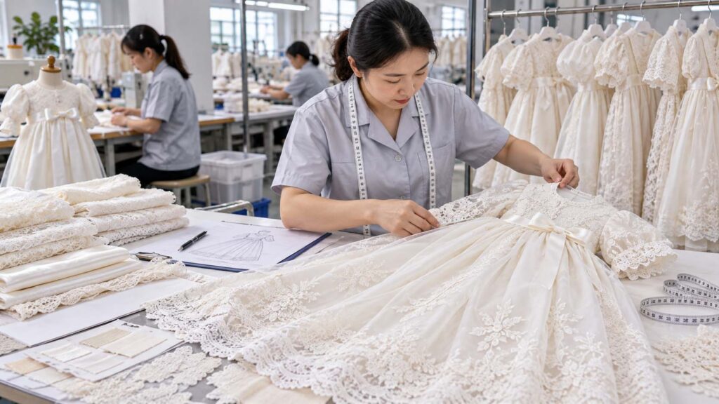 Christening gown supplier checking measurements, lace and embroidery before bulk production