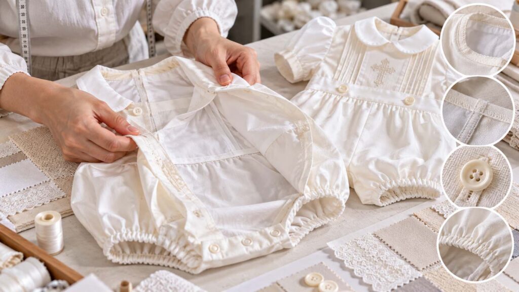 Inside seams, cotton lining, buttons and stitching details of a well-made baby christening outfit