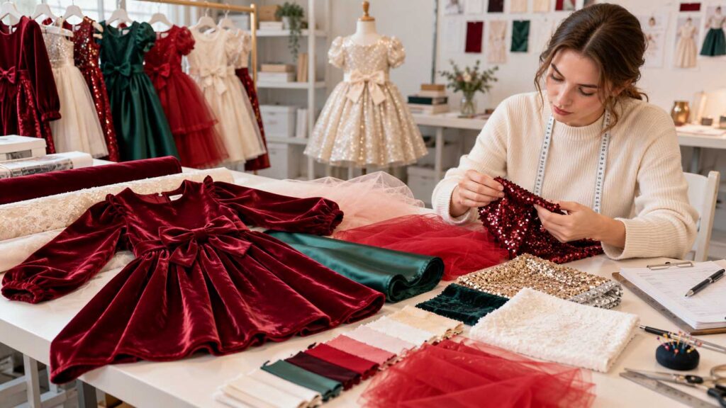 Velvet satin tulle and sequin fabrics checked for girls Christmas dress production